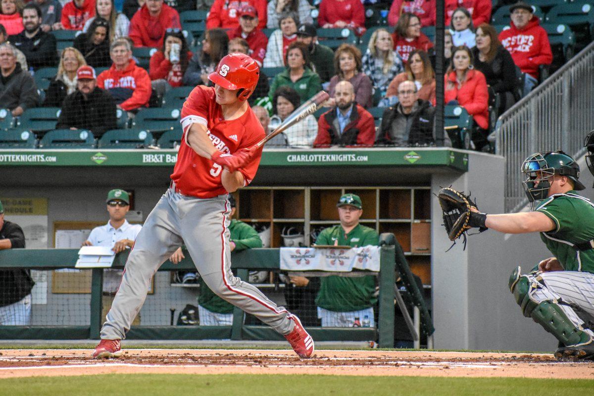 Sophomore catcher Patrick Bailey hits a home run during the game versus UNC-Charlotte on Tuesday, March 12, 2019 in BB&amp;T Ballpark. Bailey hit a home run and helped the Wolfpack tie the 49ers 4-4 in the 8th inning. The Wolfpack beat UNC-Charlotte 6-5.