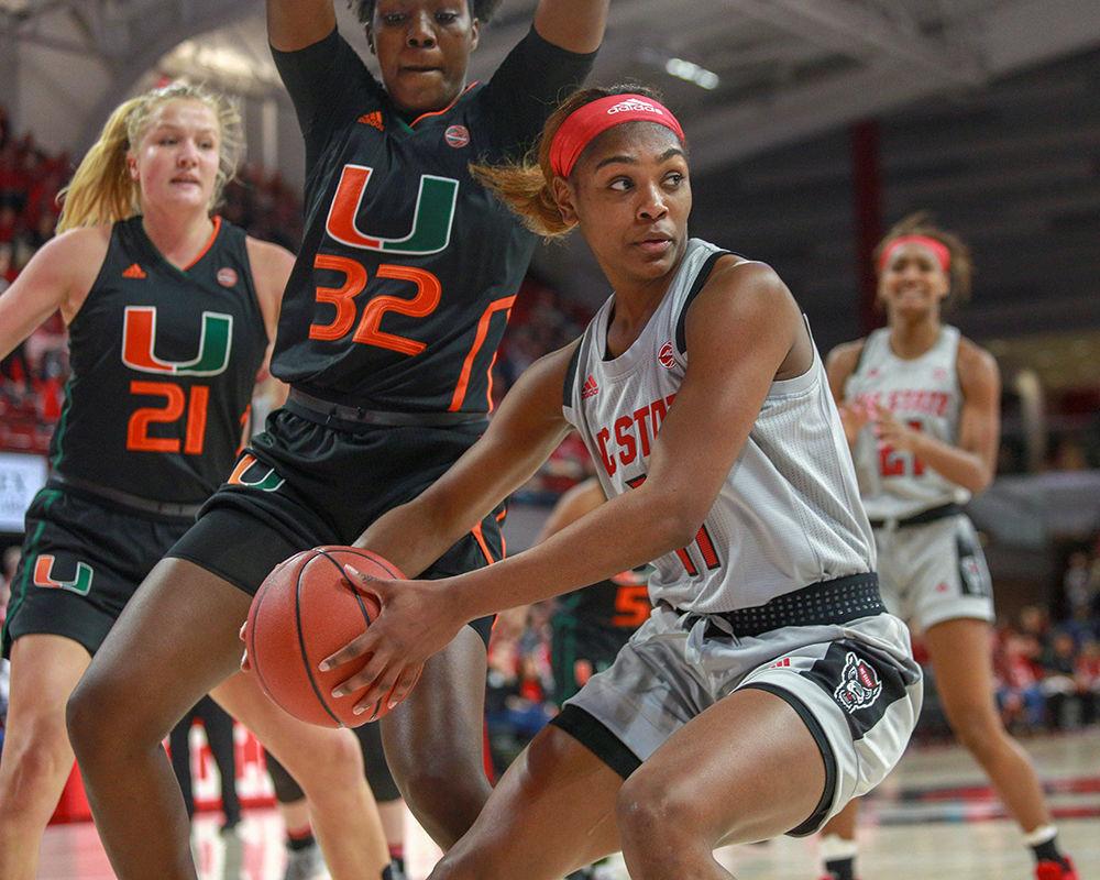 Graduate guard Kiara Leslie spins back away from the paint looking to pass. Leslie had 12 points and six rebounds. The Wolfpack won a 70-68 thriller over No. 15 Miami on Sunday, March 3 in Reynolds Coliseum.