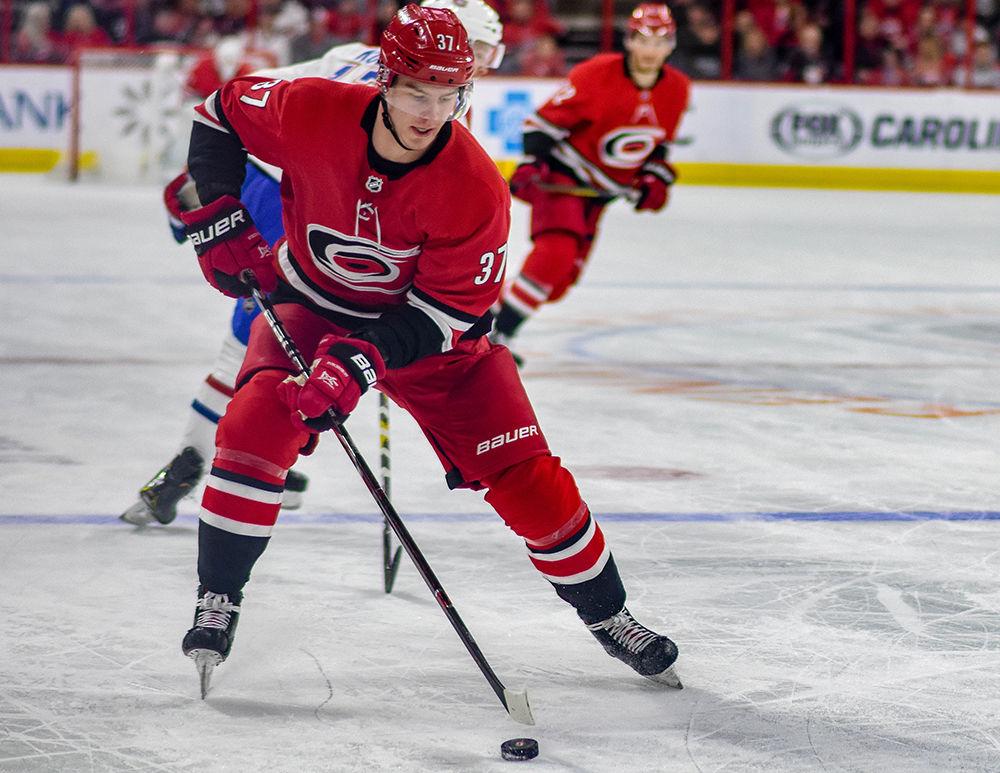 Carolina Hurricanes left wing Andrei Svechnikov skates down the ice during the game versus the Montreal Canadiens on Sunday, March 24, 2019 in PNC Arena. Svechnikov scored the game-winning goal against the Canadiens in overtime. The Hurricanes beat the Canadiens 2-1.