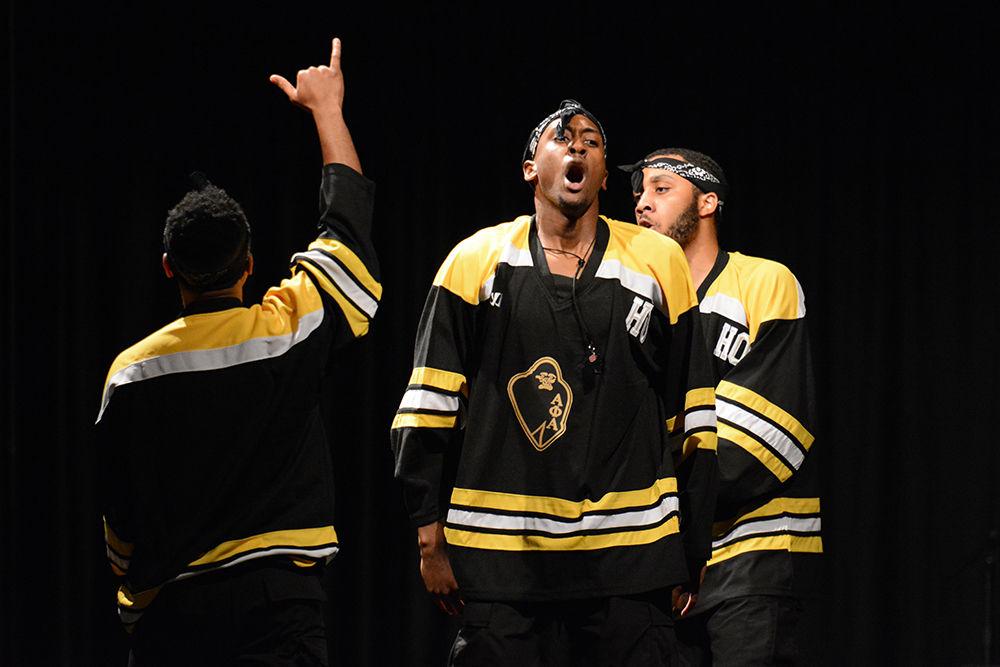 Members of the Alpha Phi Alpha fraternity perform at the Pan-Afrikan Stroll-Off, hosted by the National Pan-Hellenic Council, on Saturday, April 13 at Talley Student Union.