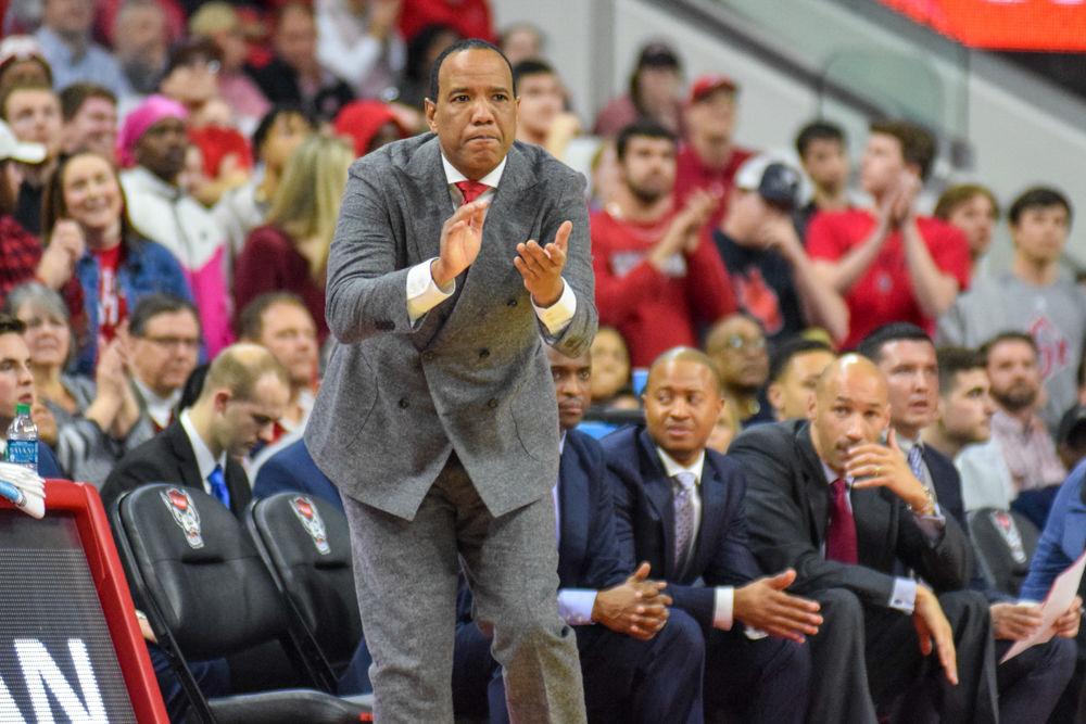 Head coach Kevin Keatts claps for his team after a big play was made at Wednesday&#8217;s game in PNC Arena on Feb. 13, 2019. The Wolfpack won the game 73-58 and improved their record to 18-7 overall.