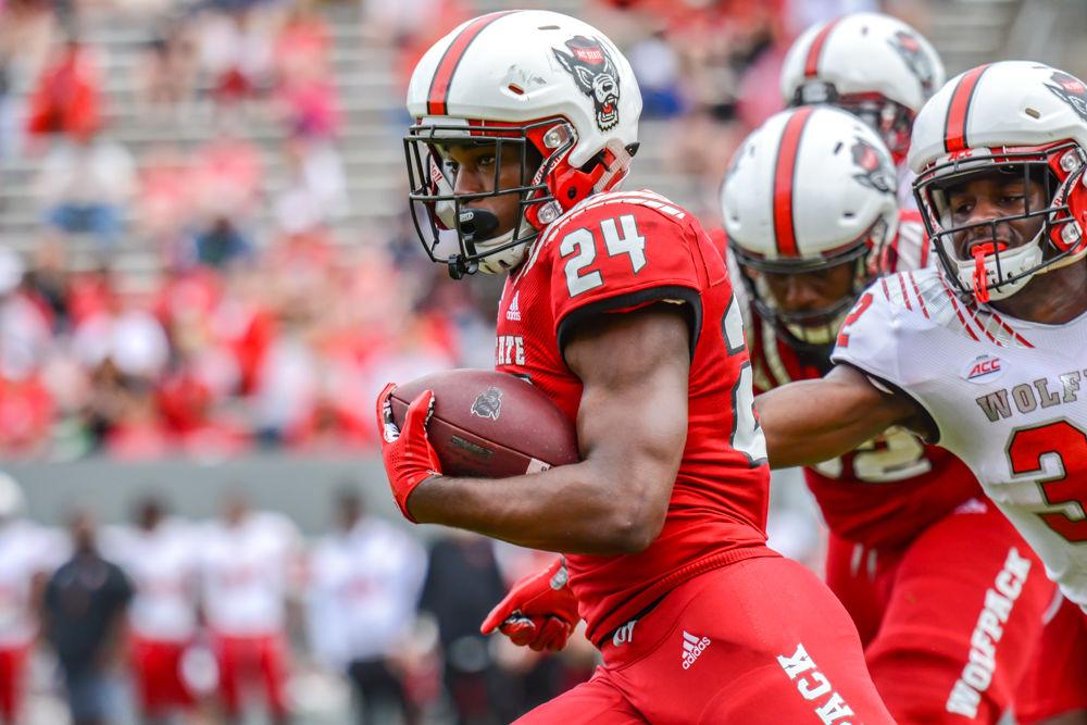 Freshman running back Zonovan Knight carries the ball during the Kay Yow Spring Game on Saturday, April 6, 2019 at Carter-Finley Stadium. Knight attended Southern Nash High School in Bailey, North Carolina and will be a major contributor to the Wolfpack&#8217;s offense.