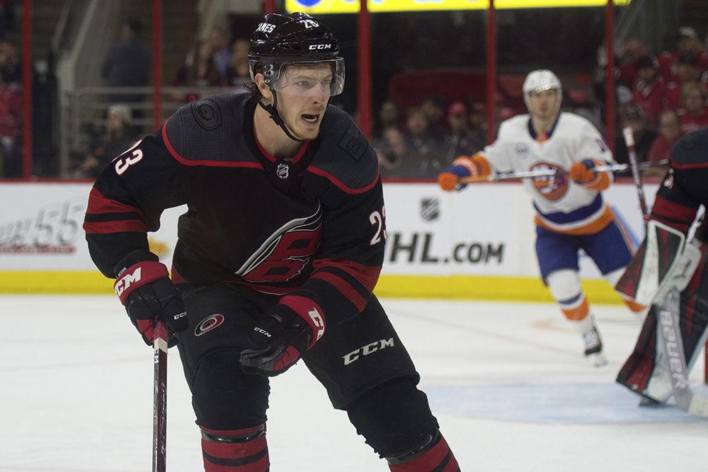 Left wing Brock McGinn yells to teammates while on the ice, Friday, May 3. McGinn had one shot on goal and three blocked shots, as well as one hit. The Canes took down the New York Islanders, 5-2, in the second round.