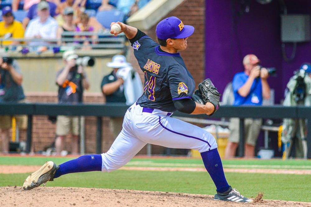 ECU pitcher Jake Agnos delivers the ball against NC State on Sunday, June 2 at Clark-LeClair Stadium in Greenville. Agnos pitched eight innings, striking out nine while giving up two earned runs on four hits. ECU ended the Wolfpack&#8217;s season by a score of 9-2.