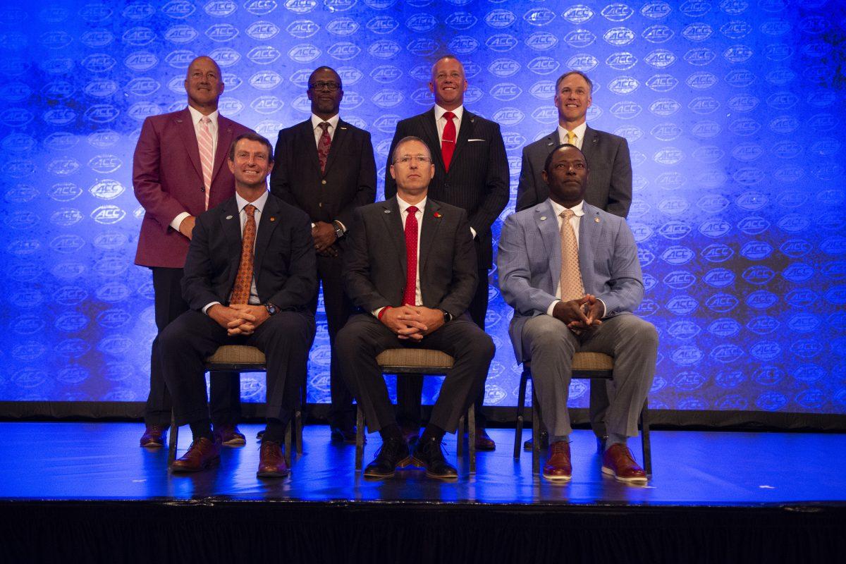 The ACC coaches pose for a photo at the ACC Kickoff in Charlotte, NC on Wednesday, July 17, 2019.