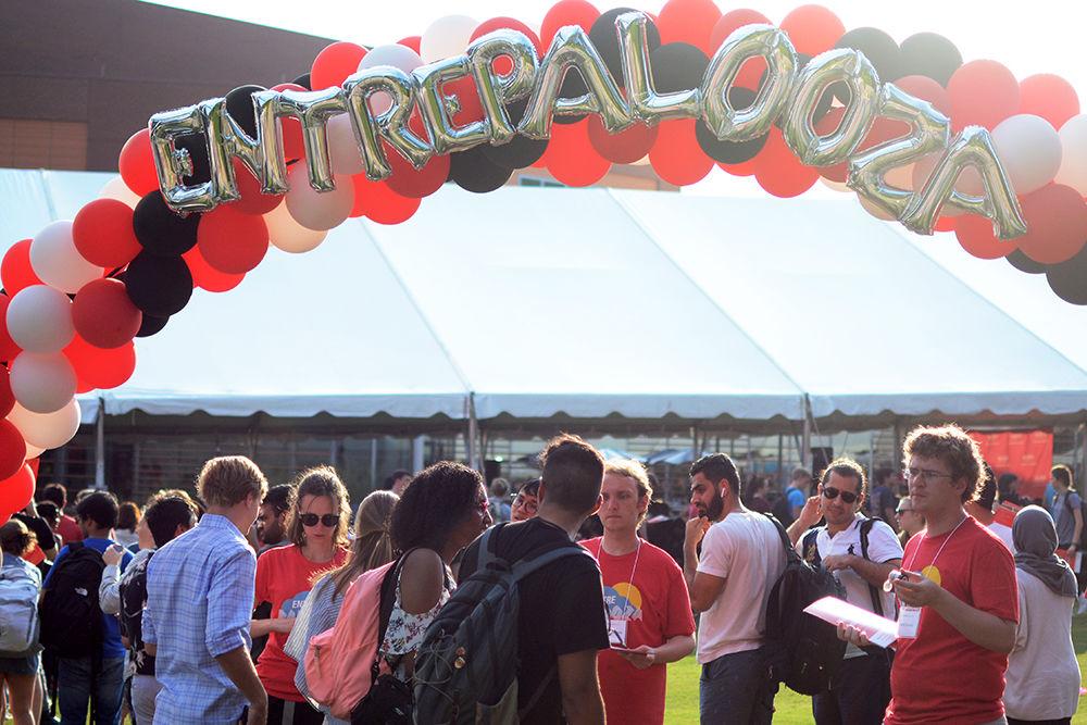 A balloon sign welcomes students into Entrepalooza on Thursday, Sept. 12th, 2019. Entrepalooza is an event that promotes buisness and innovation on NC State campus.
