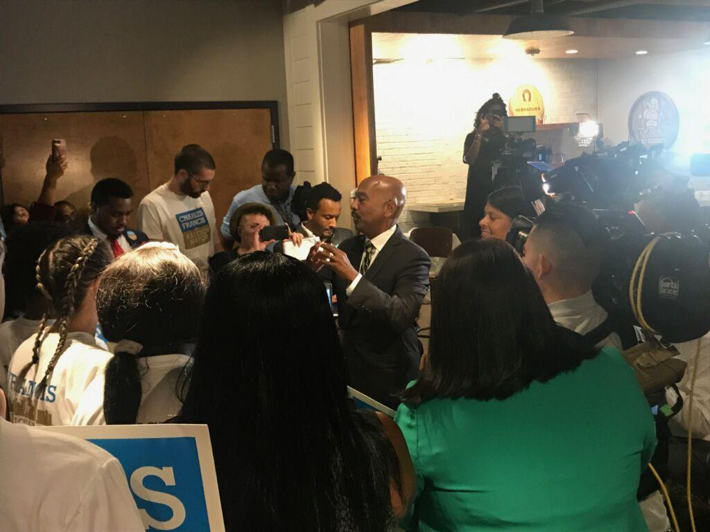Raleigh mayoral candidate Charles Francis speaks at his watch party at Cantina 18, on Tuesday, Oct. 8. Francis has announced he will not call for a run-off election between himself and candidate Mary-Ann Baldwin.