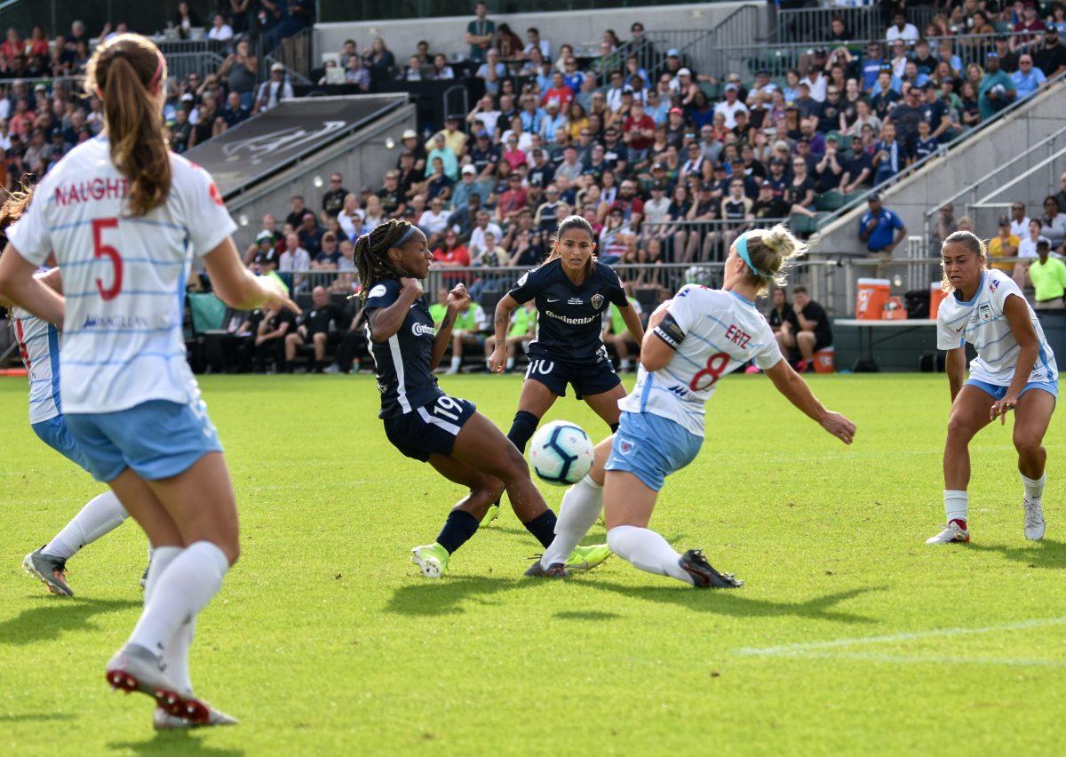 Debinha looks for the ball as Crystal Dunn and Julie Ertz contest each other for possesion on Sunday, Oct. 27 at WakeMed Soccer Park. Debinha scored the first goal 4 minutes into the game.