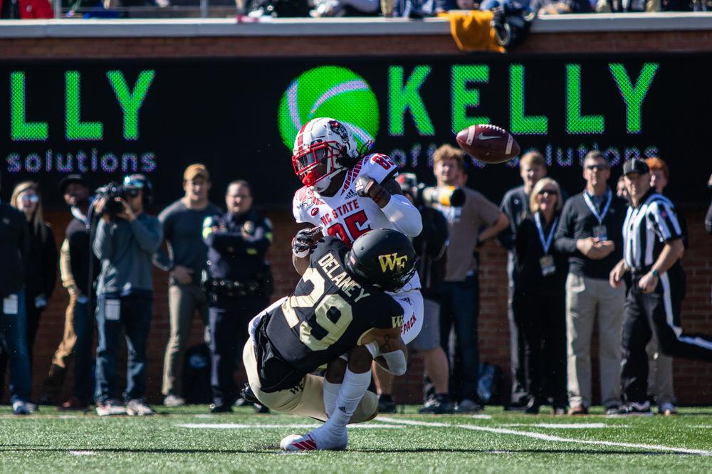 Freshman wide receiver Keyon Lesane fumbles versus Wake Forest on Saturday, Nov. 2, 2019 at BB&amp;T field. Lesane received for 10 yards. The Wolfpack lost 44-10.