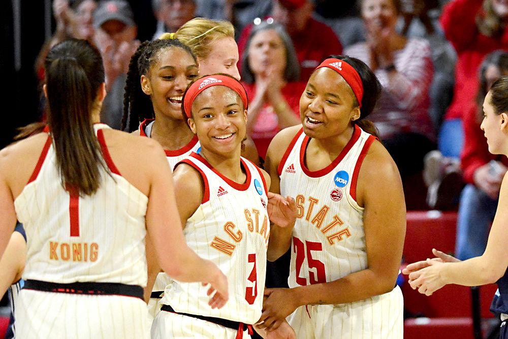 Sophomore guard Kai Crutchfield celebrates making a three-pointer while getting fouled by Maine in the NCAA Tournament on Saturday, March 23, 2019 in Reynolds Coliseum. Crutchfield recorded 14 points on 50 percent shooting along with five rebounds in the Wolfpack&#8217;s 63-51 win.