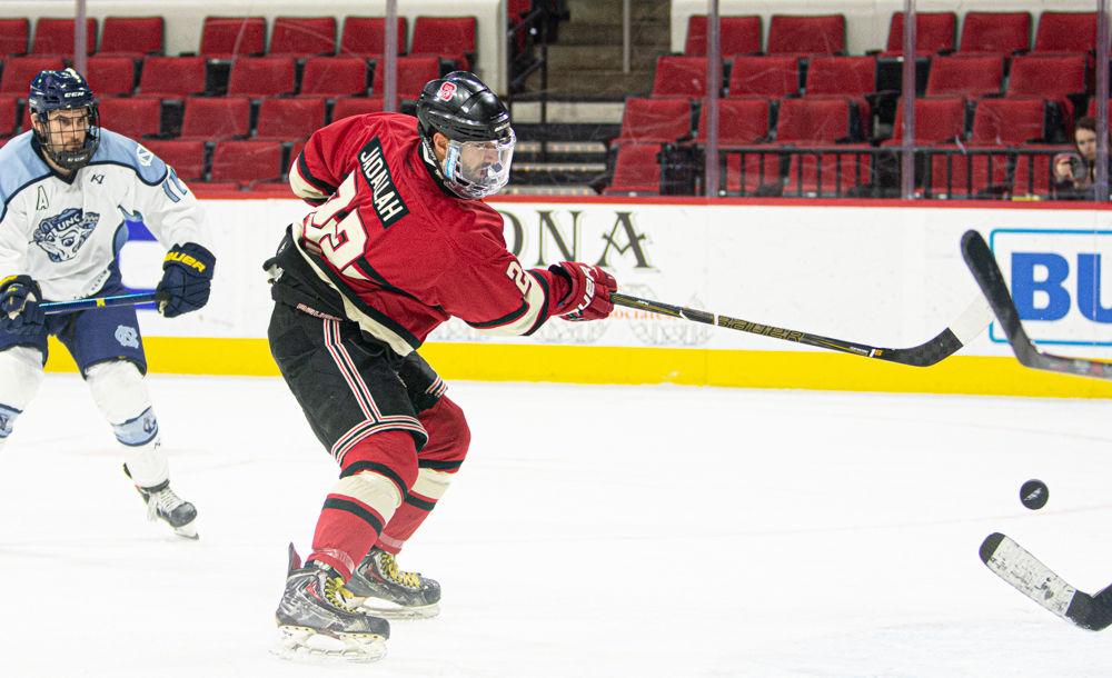 NC State Icepack forward Laythe Jadallah scores against UNC Ice Hockey on Monday, Jan. 20, 2020 at PNC Arena. The Icepack won 9-3.