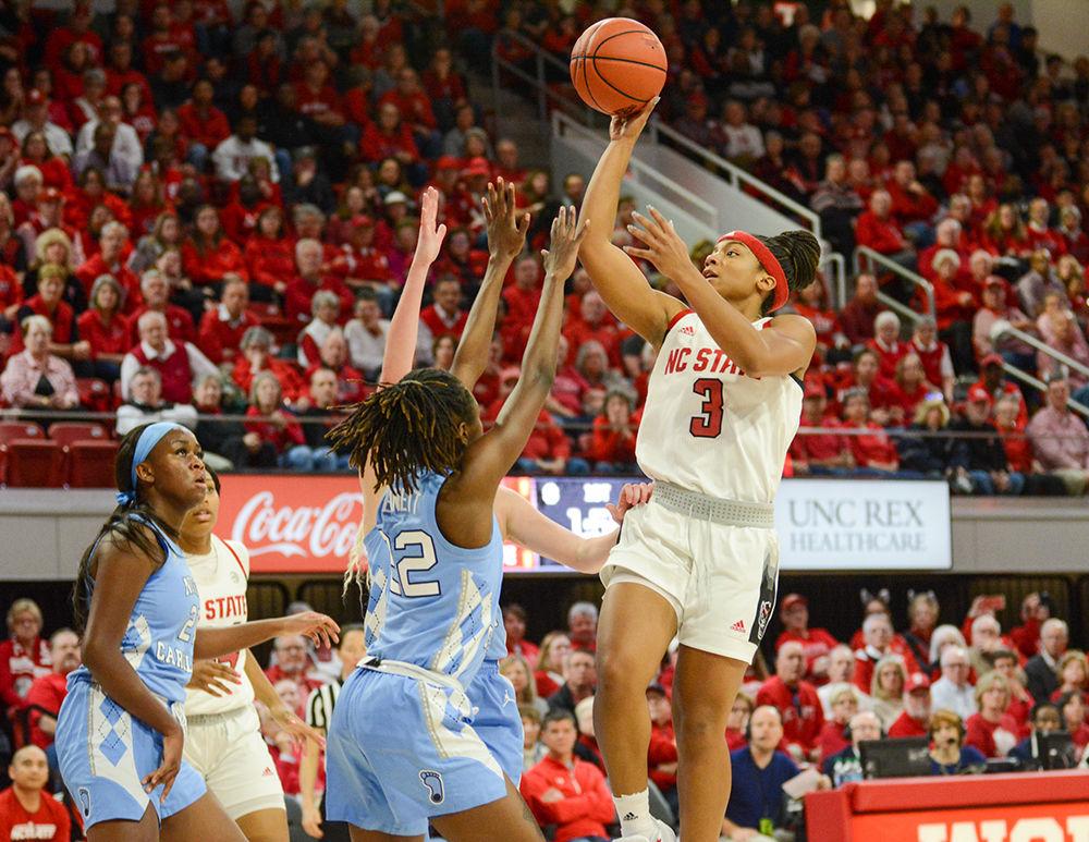 Junior guard Kai Crutchfield makes a floater during the game versus UNC on Sunday, Jan. 26, 2020 in Reynolds Coliseum. Crutchfield scored 13 points and had 4 rebounds against the Tar Heels. The Wolfpack beat UNC 76-68.