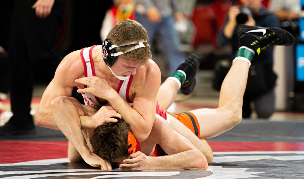 Redshirt junior Daniel Bullard wrestles Princeton senior Kevin Parker on Saturday, Jan. 11, 2020 at Reynolds Coliseum. Bullard defeated Parker 6-0 by fall, helping the Wolfpack to a 29-12 overall win.