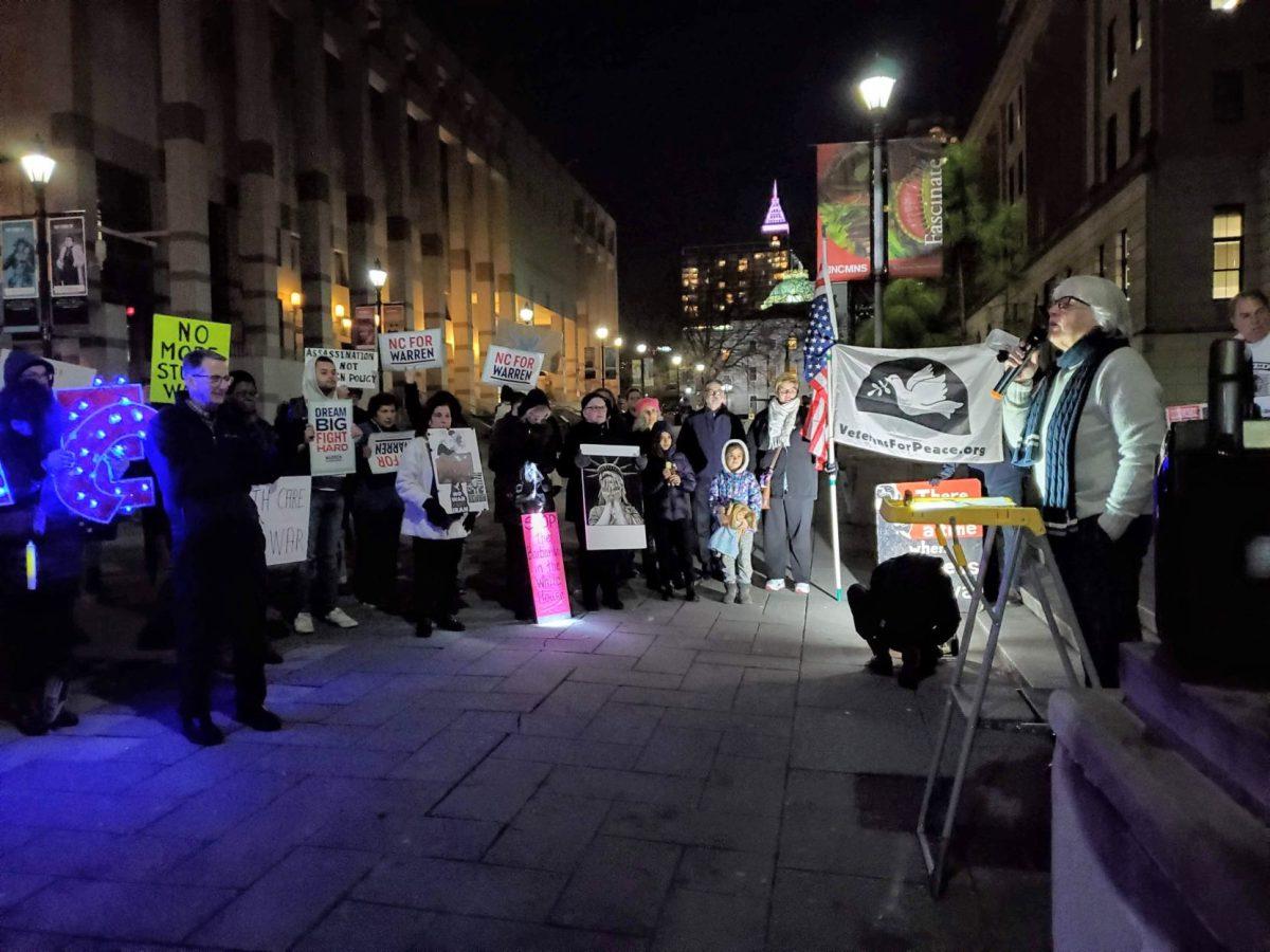 Susan Steinberg, pastor at the United Church of Chapel Hill, speaks to a crowd at Bicentennial Plaza in downtown Raleigh, on Thursday, Jan. 9, 2019. Steinberg urged&#160;a peaceful resolution to military conflict between the United States and Iran.