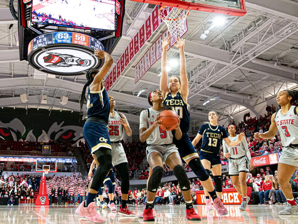 Freshman forward Jada Boyd looks for an inside shot against Georgia Tech on Sunday, Feb. 16 at Reynolds Coliseum. Boyd recorded 12 points and seven rebounds as the Wolfpack lost 65-61.