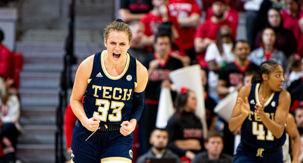 Georgia Tech guard Francesca Pan celebrates hitting a shot against NC State on Sunday, Feb. 16 at Reynolds Coliseum. Pan recorded a game-high 30 points along with seven rebounds as the Yellow Jackets beat the Wolfpack 65-61.