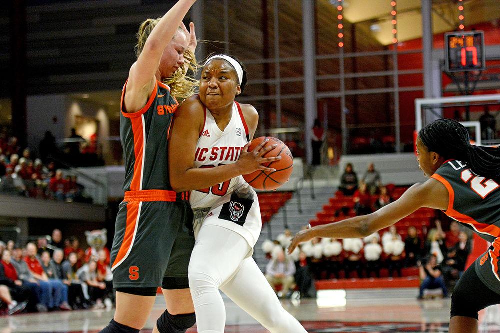 Junior forward Kayla Jones goes up for a layup against Syracuse on Thursday, Feb. 27, 2020. Jones scored 12 points and had 4 assists. NC State beat Syracuse 69-60.