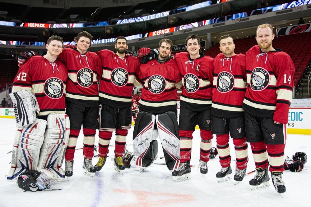 Seniors on the 2019-2020 NC State Icepack club hockey team pose for a photo on Monday, Jan. 20, 2020 at PNC Arena. The Icepack beat UNC Ice Hockey 9-3.