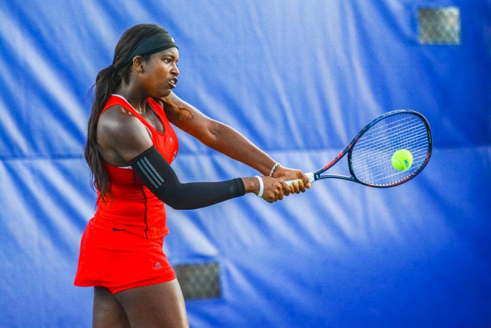 Freshman Alana Smith returns a volley against Duke on Friday, May 10, 2019 at Ambler Tennis Stadium in Durham.&#160;Smith lost to Chi 6-2, 6-2 during the Wolfpack&#8217;s 4-0 overall loss to the Blue Devils.