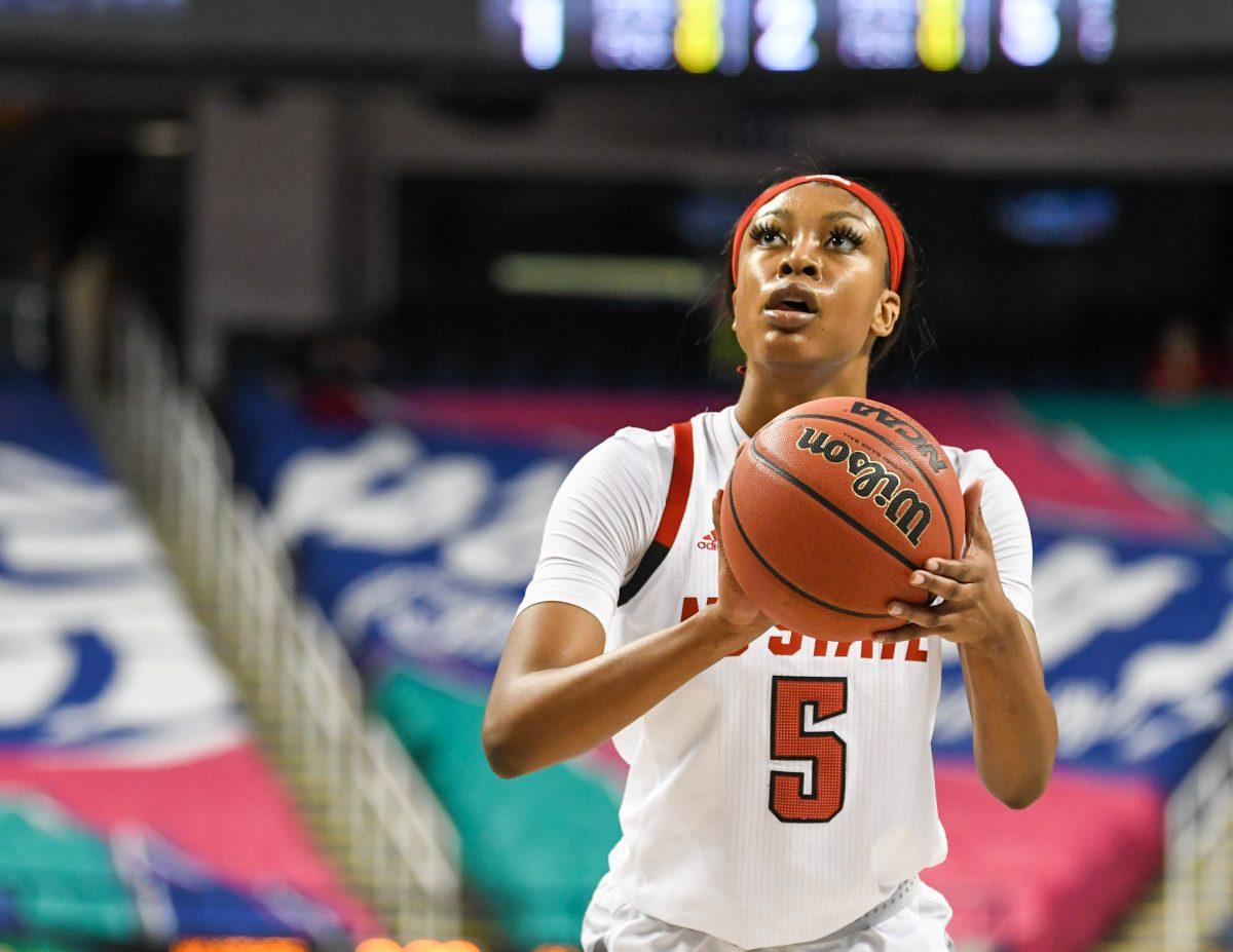 Freshman forward Jada Boyd shoot a foul shot during the semifinal game of the 2020 ACC Women's Tournament versus the Boston College Eagles on Saturday, March 7, 2020 in the Greensboro Coliseum. Boyd scored 16 points against Boston College. The Wolfpack beat the Eagles 82-75 to advance to the championship game against Florida State.