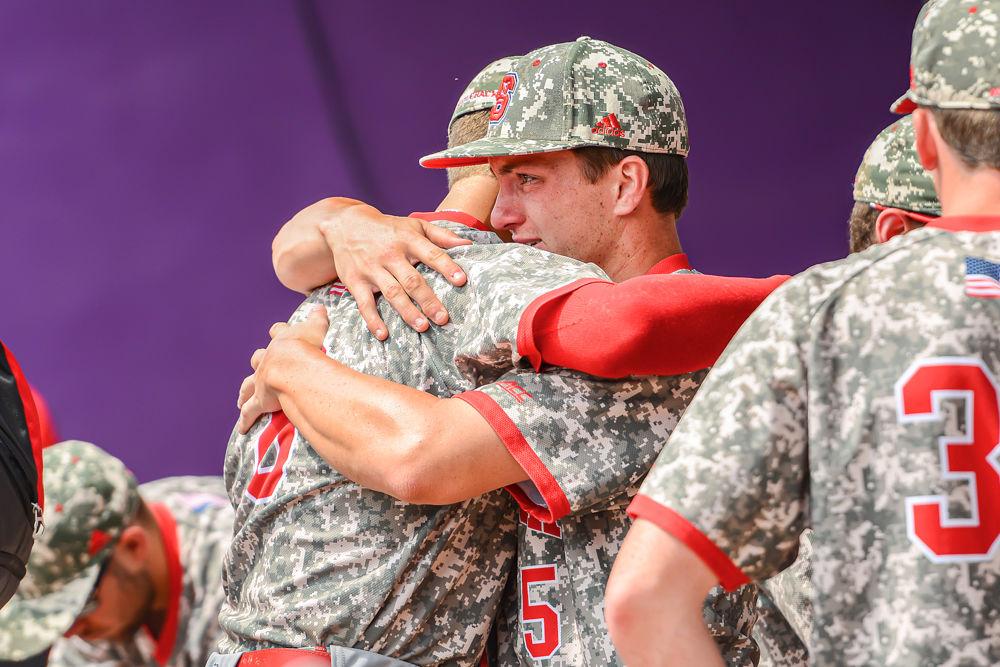 Sophomore catcher Patrick Bailey embraces junior infielder Will Wilson after NC State&#8217;s season was ended at the hands of ECU by a score of 9-2 on Sunday, June 2 at Clark-LeClair Stadium in Greenville. The game was presumably Wilson&#8217;s last in a Wolfpack uniform since he is likely to be selected in the MLB Draft that starts tomorrow.
