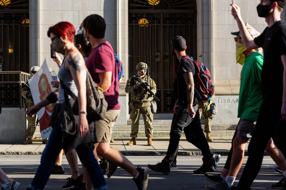 The National Guard stands guard in front of the supreme court of North Carolina on Monday, June 1, 2020 in downtown Raleigh. 450 national guard members were mobilized by North Carolina governor, Roy Cooper, in response to the riots that took place all around North Carolina over the weekend. Many members of the National Guard were present in Downtown Raleigh in and around the capitol building grounds. The protest on June 1 was completely peaceful through its entirety.