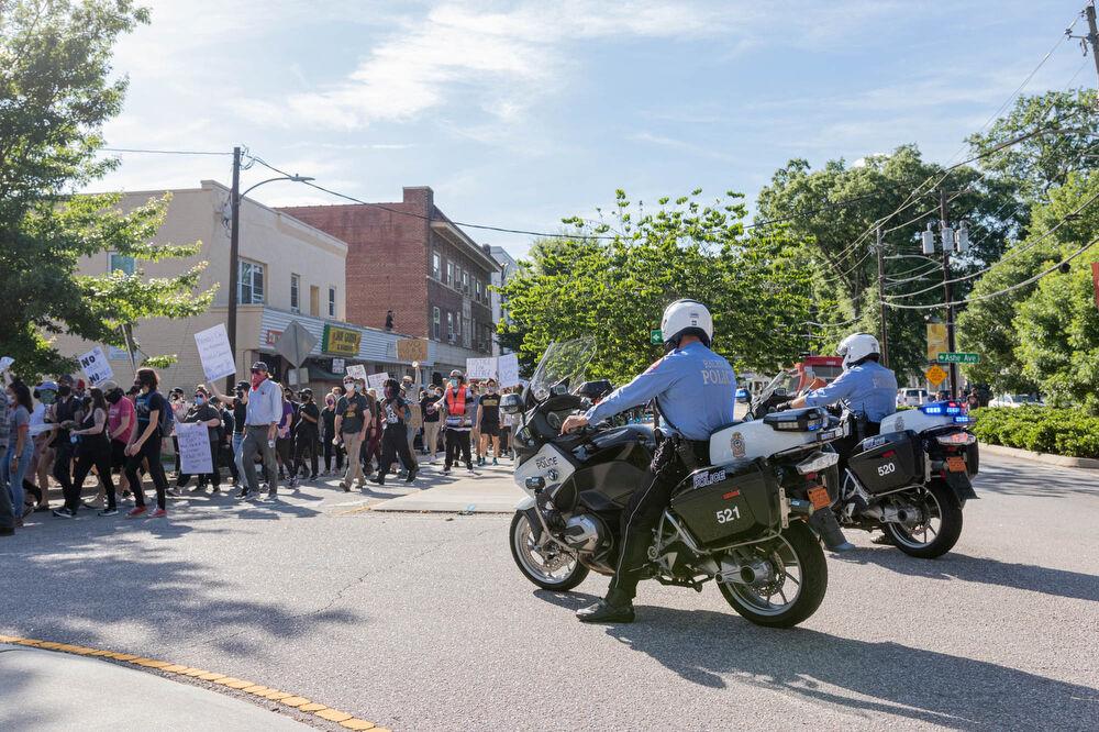 Raleigh Police block off traffic to allow for the march to go on unhindered through its entirety on Monday, June 1, 2020 on Hillsborough street. The protest on June 1 was completely peaceful through its entirety.