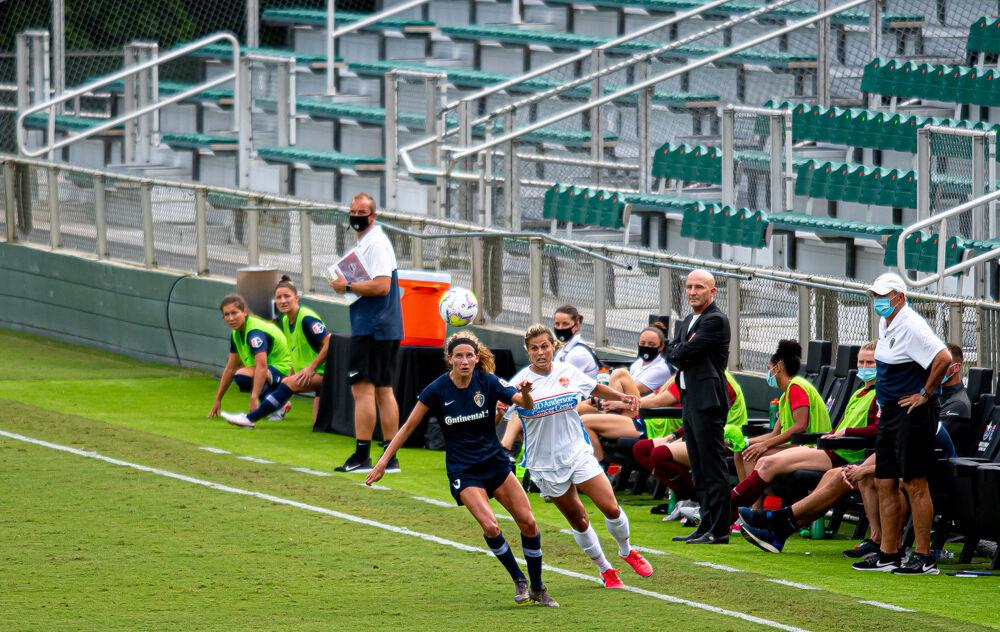 NC Courage defender Ryan Williams chases the ball against the Houston Dash on Saturday, Sept. 12, 2020 at WakeMed Soccer Park. The Courage won 4-3.
