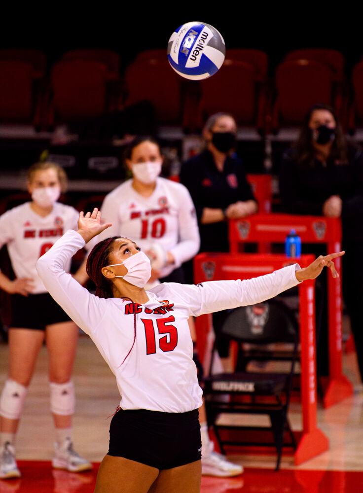 Junior outside hitter Jade Parchment serves against Duke on Friday, Feb. 26, 2021 at Reynolds Coliseum. Parchment recorded 12 kills and 12 digs as the Wolfpack won in five sets.