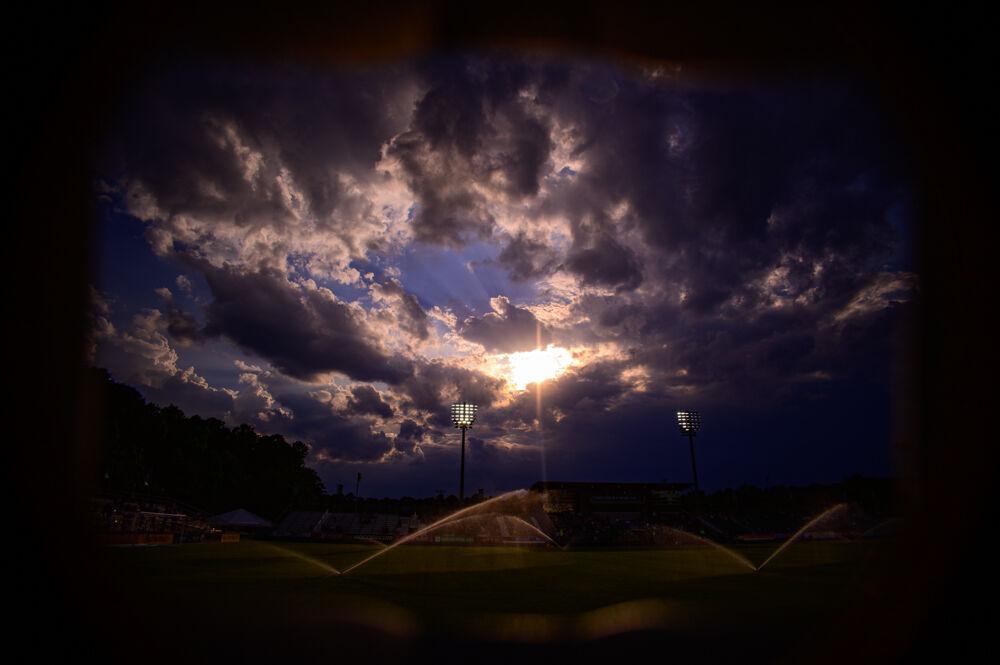 Sprinklers prepare the Sahlen&#8217;s Stadium field for the game between the NC Courage and Racing Louisville on Friday, May 28, 2021 at WakeMed Soccer Park. The Courage won 5-0.