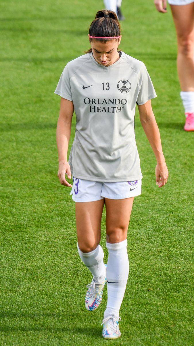 Orlando Pride forward Alex Morgan walks along the field before the game versus the NC Courage on Saturday, May 22, 2021 in Sahlen's Stadium at WakeMed Soccer Park. The Pride beat the Courage 2-1.
