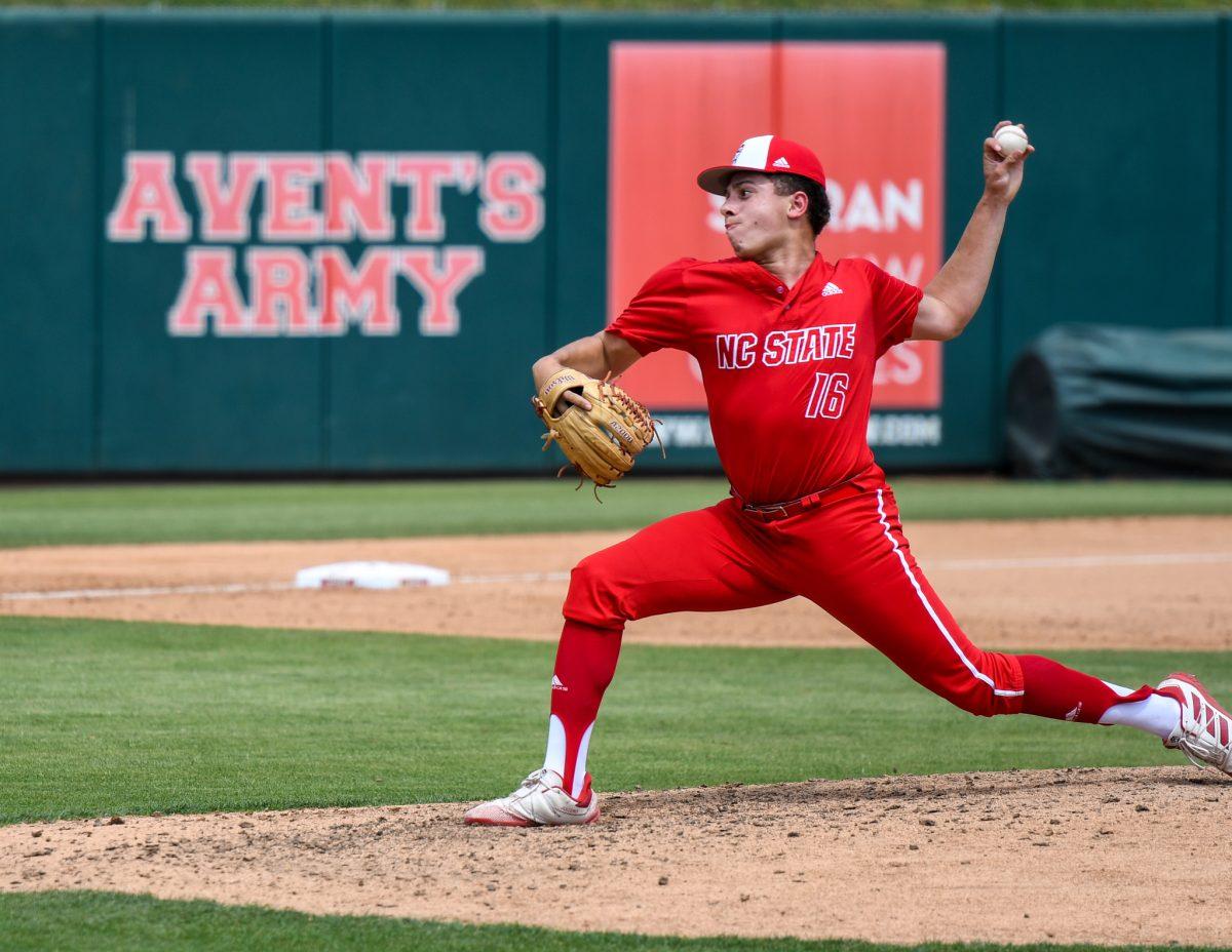 Freshman pitcher Chris Villaman pitches during the game versus the Florida State Seminoles on Saturday, May 22, 2021 in Doak Field at Dail Park. The Wolfpack lost to the Seminoles 15-11.