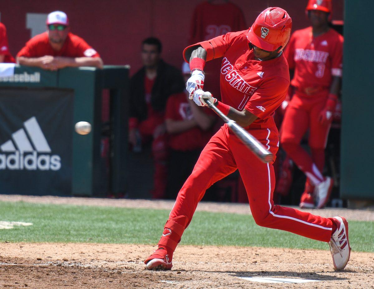 Junior outfielder Terrell Tatum hits a pitch during the game versus the Florida State Seminoles on Saturday, May 22, 2021 in Doak Field at Dail Park. The Wolfpack lost to the Seminoles 15-11.