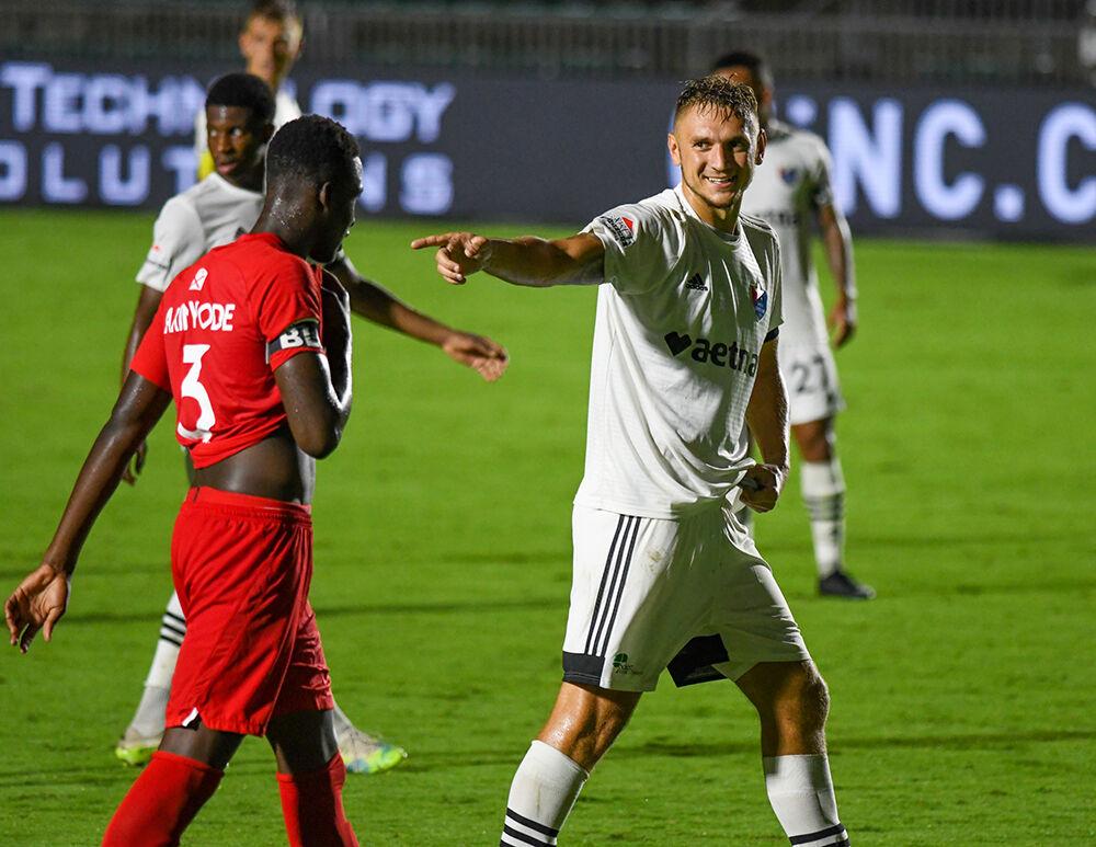 North Carolina FC forward Robert Kristo talks to a Birmingham Legion FC player on Saturday, Aug. 15, 2020 in Sahlen's Stadium at WakeMed Soccer Park. NCFC lost to Birmingham Legion FC 2-0.