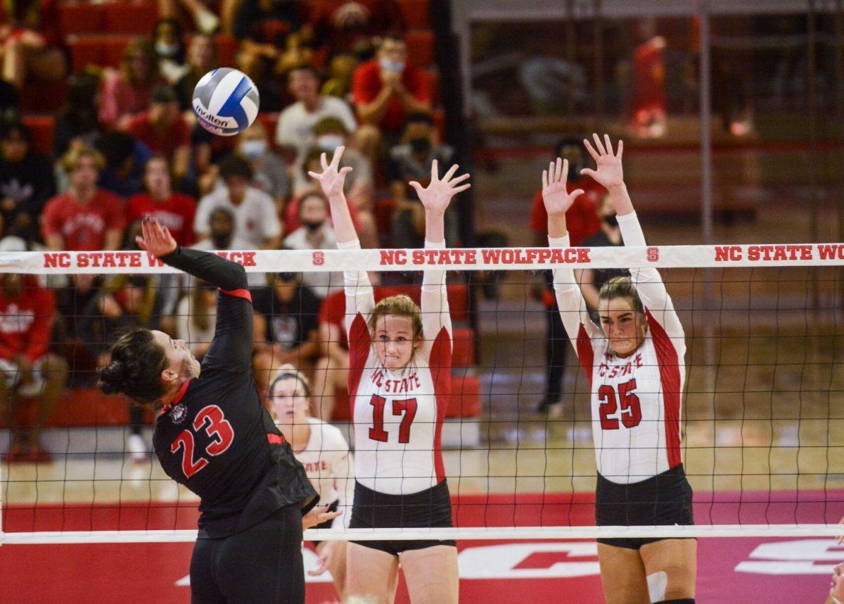 Freshman opposite hitter Amanda Rice and sophmore middle blocker Riley Shaak defend a spike from the Georgia Bulldogs during the match on Thursday, Sept. 16, 2021 in Reynolds Coliseum. The Wolfpack had 15 blocks during the 3-1 win over the Bulldogs.