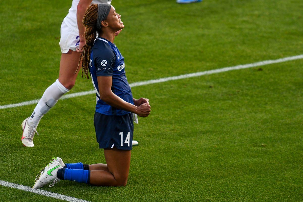 Forward Jessica McDonald grimaces after a missed goal opportunity during the game versus the Orlando Pride on Saturday, May 22, 2021 in Sahlen's Stadium at WakeMed Soccer Park. McDonald scored the Courage's only goal of the evening. The Pride beat the Courage 2-1.