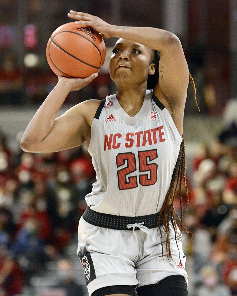 Graduate forward Kayla Jones preps for a shot against Georgia at Reynolds Coliseum on Thursday, Dec. 16, 2021. NC State lost to Georgia 82-80.