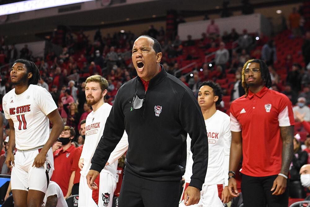Head coach Kevin Keatts yells to his players in the game against the Nebraska Cornhuskers in the third overtime in PNC Arena on Wednesday, Dec. 1, 2021. NC State won in quadruple overtime 104-100.