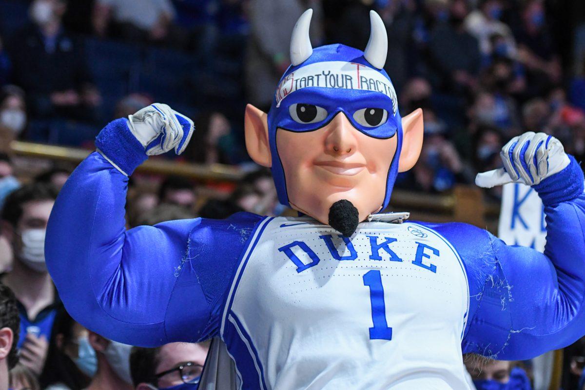 The Duke Blue Devil mascot dances and flexes their muscles before the game versus the NC State Wolfpack on Saturday, Jan. 15, 2022 in Cameron Indoor Stadium. The Wolfpack lost to the Blue Devils 88-73.