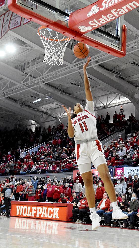 Junior wing Jakia Brown-Turner puts up a layup in the last few seconds of the fourth quarter against Virginia Tech at Reynolds Coliseum on Sunday, Jan. 23, 2022. Brown-Turner scored 14 points. The Wolfpack beat the Hokies 51-45.