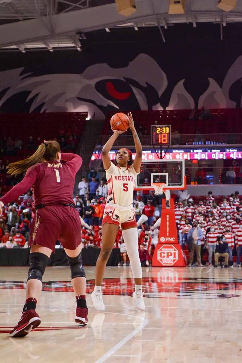 Junior forward Jada Boyd takes a jump shot in the game against Florida State University in Reynolds Coliseum on Thursday, Feb. 3, 2022. Boyd scored seven points and NC State beat Florida State 68-48.