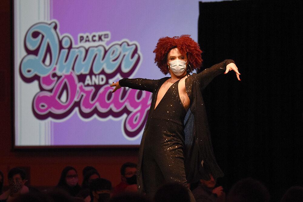 An NC State student performs drag as Malika Noir at Dinner and Drag in Talley Student Union on Thursday, Feb. 17, 2022. Students were given the opportunity to perform drag along with professional drag stars.