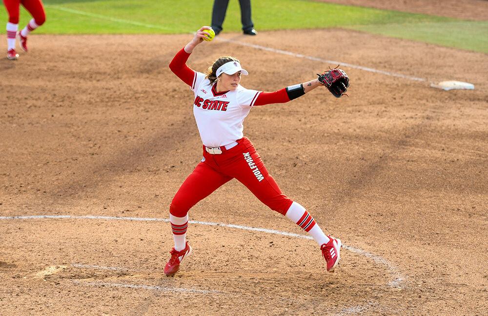 Sophomore pitcher Brooklyn Lucero prepares to throw the ball in the game against Central Connecticut State on Saturday, Feb. 26, 2022 at Dail Softball Stadium. Lucero pitched for two innings and had one strikeout. NC State beat Central Connecticut State 13-3.
