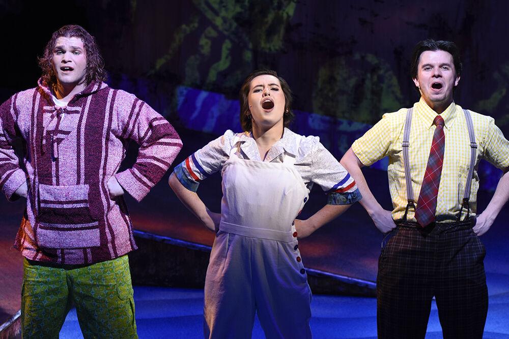 Devin Lackey (left to right), a third-year in communications, as Patrick, Kat Cupp, a first-year in criminology, as Sandy and Justin Jones, a fourth-year in environmental technology and management, as SpongeBob sing "Hero is My Middle Name" during The SpongeBob Musical in Stewart Theatre&#160;on Tuesday, March 29, 2022.