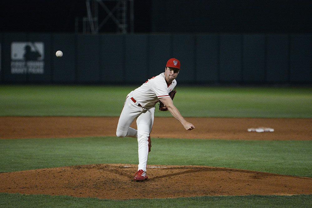 Junior pitcher Baker Nelson throws during NC State's home game against East Carolina on Tuesday, April 26, 2022&#160;in Doak Field at Dail Park. Nelson had 5 strike outs during the Wolfpack's 12-3 win over the Pirates.