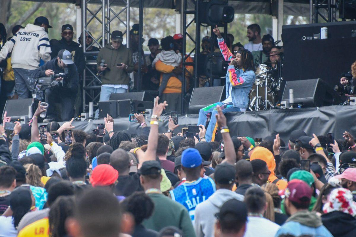 Rapper J.I.D. talks with the crowd during his performance at the 2022 Dreamville Festival on Saturday, April 2, 2022 in Dorothea Dix Park. The 2022 festival is J. Cole's second Dreamville Festival hosted in Raleigh, N.C. and featured artists like Lil' Baby, Ja Rule, Ashanti and Wiz Khalifa.