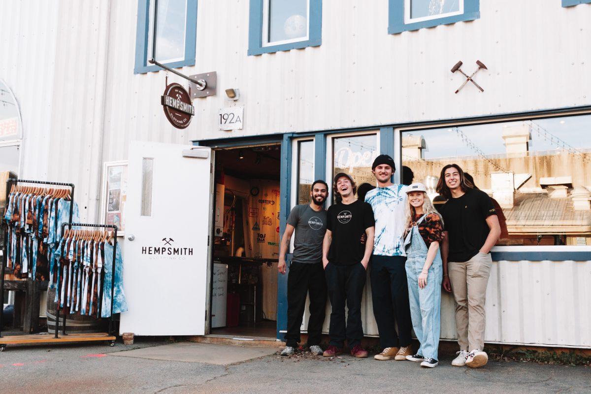 The Hempsmith staff in front of 'The Atelier', the Hempsmith shop, at The Plant in Pittsboro. Courtesy of Hempsmith staff.