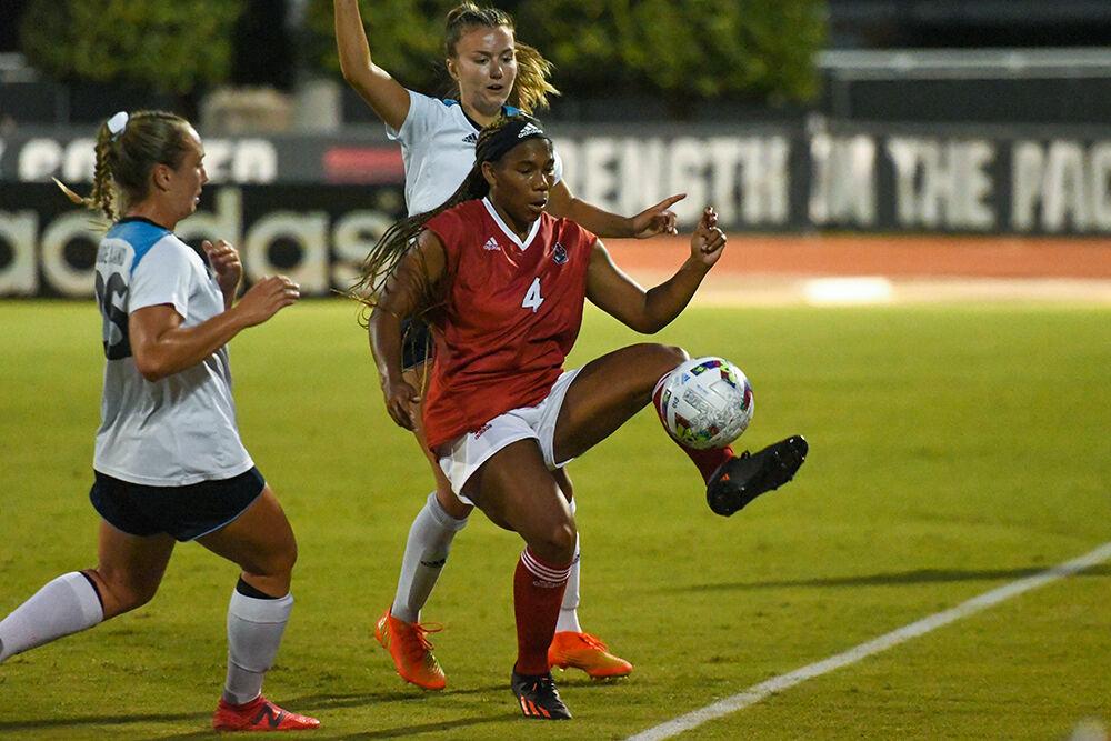 Senior forward Leyah Hall-Robinson kicks the ball towards herself in the game against Rhode Island on Thursday, Aug. 18, 2022 at Dail Soccer Field. Hall-Robinson scored one goal for the Pack during the game. NC State won 4-0.