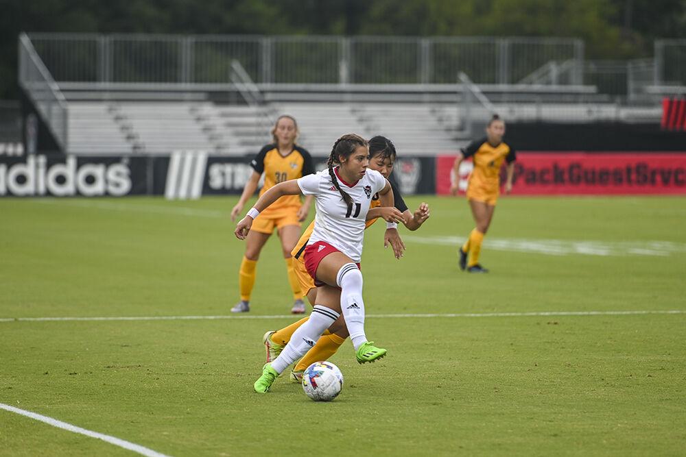 Sophomore defender Fernanda Soto moves the ball during the match against VCU on Sunday, Aug. 21, 2022 at Dail Soccer Field. Soto had one assist. NC State beat VCU 2-1.