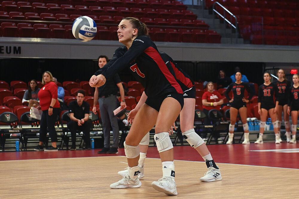 Freshman outside hitter Ava Brizard bumps the ball back to the Western Carolina Univeristy Catamounts on Friday, Sept. 9, 2022 in Reynolds Coliseum. Brizard had five kills. The Wolfpack lost to the Catamounts 3-0.